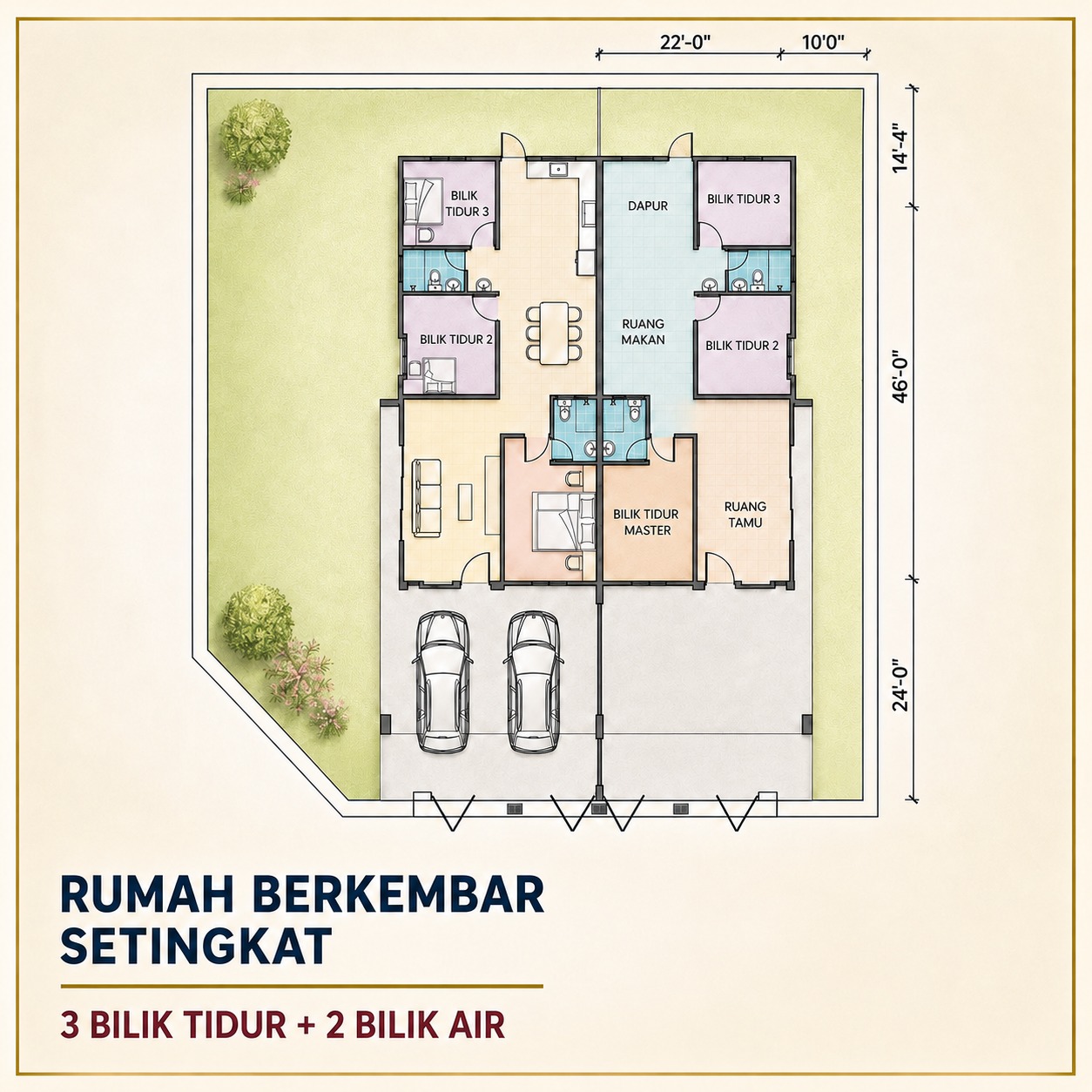 Pelan Lantai Rumah Berkembar Setingkat — 3 Bilik Tidur + 2 Bilik Air
